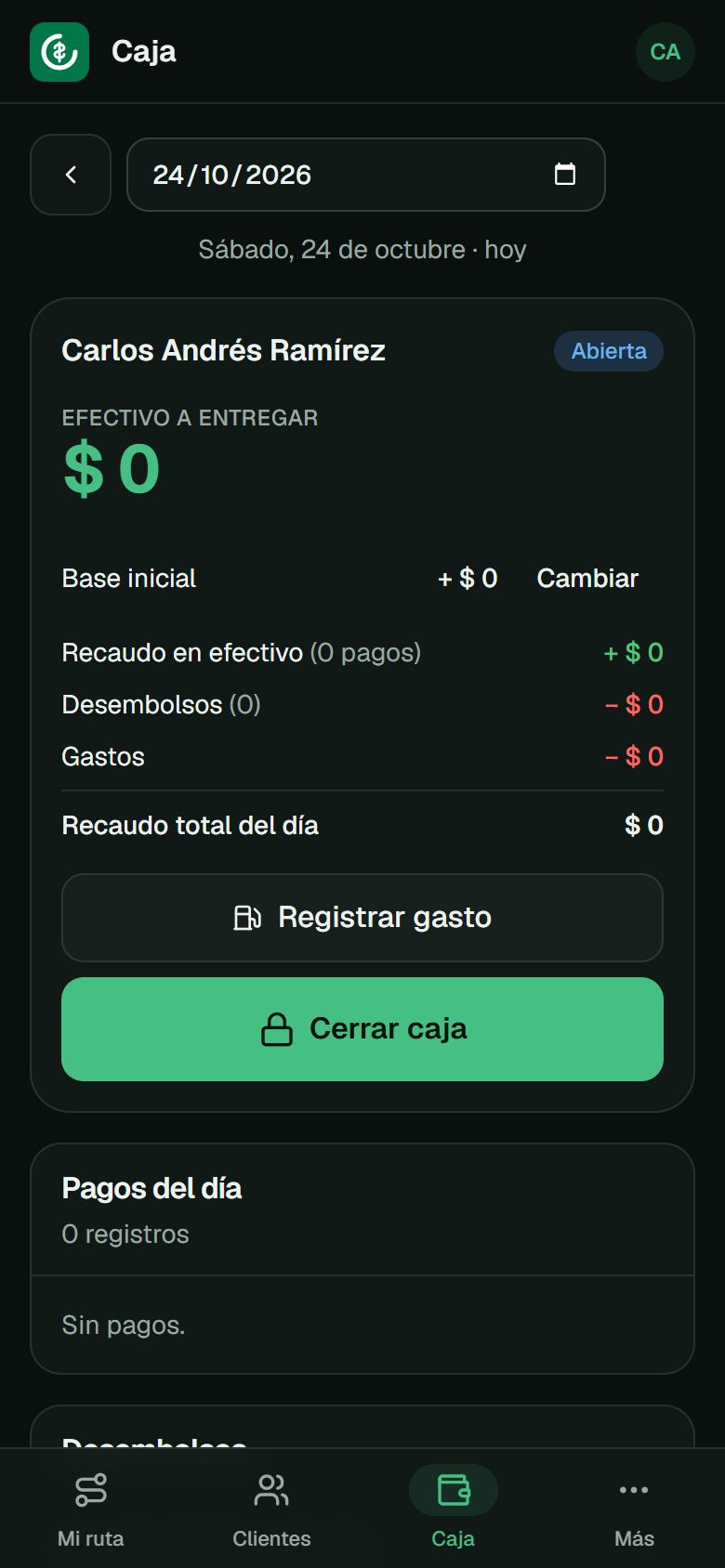 Pantalla de la caja del día con la base, lo recaudado y lo que sobra o falta