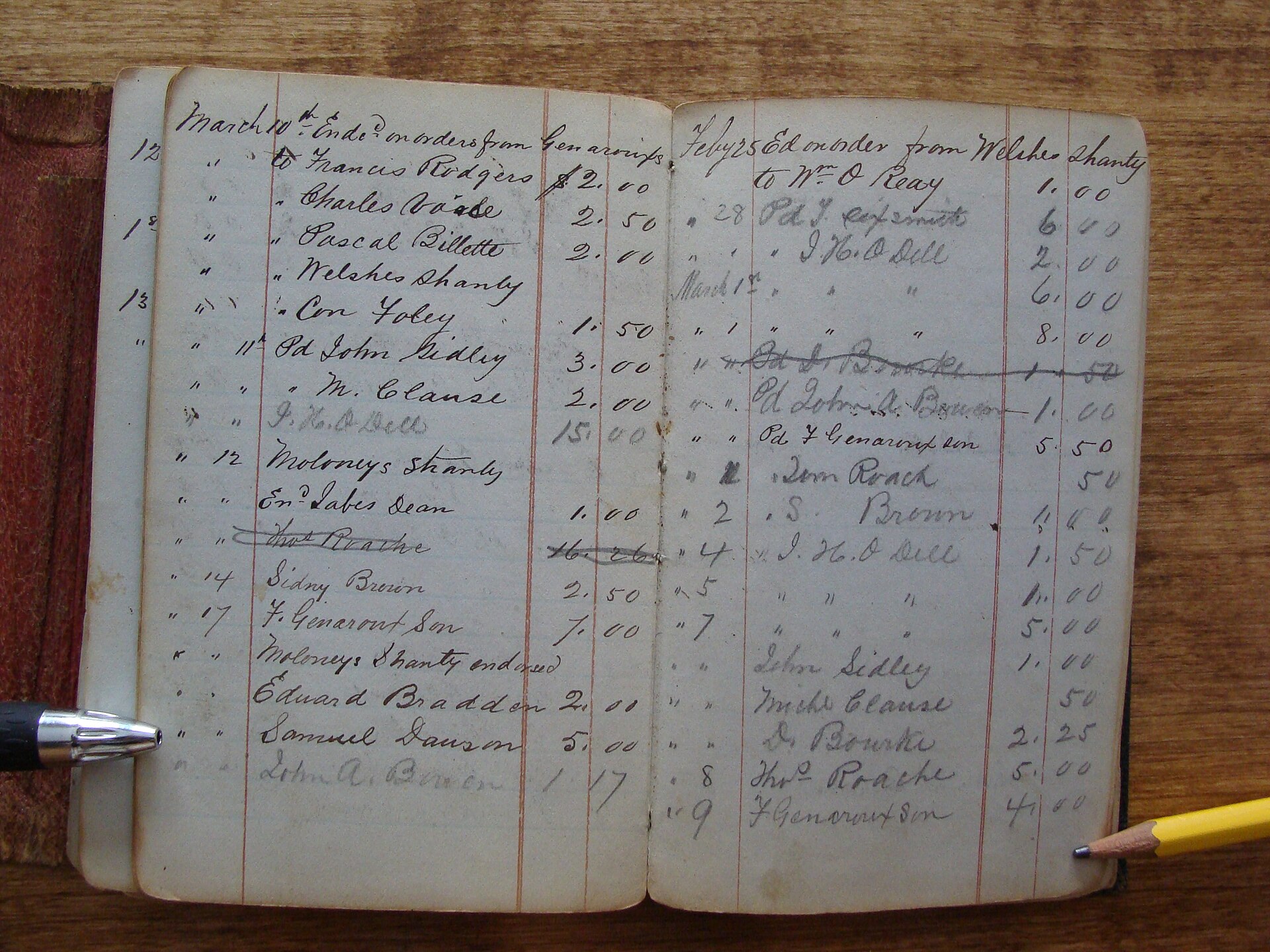 Cuaderno de cuentas escrito a mano, con nombres y montos
