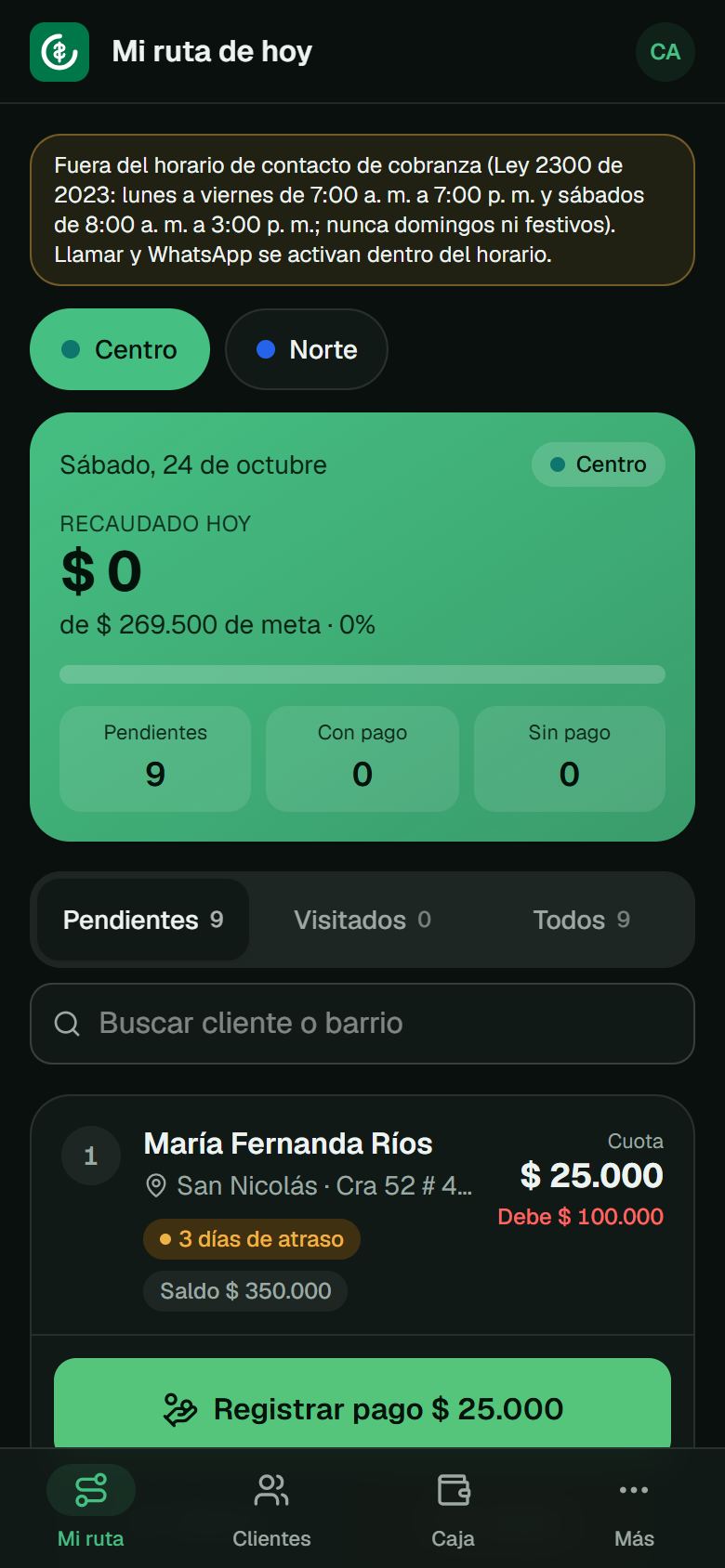 Pantalla Mi ruta de hoy: lo recaudado, la meta y los clientes por visitar